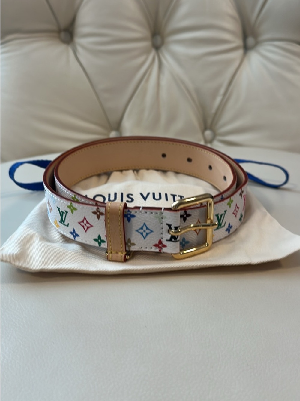 Louis Vuitton X Murakami White Multicolor Monogram Leather Belt with Gold Buckle